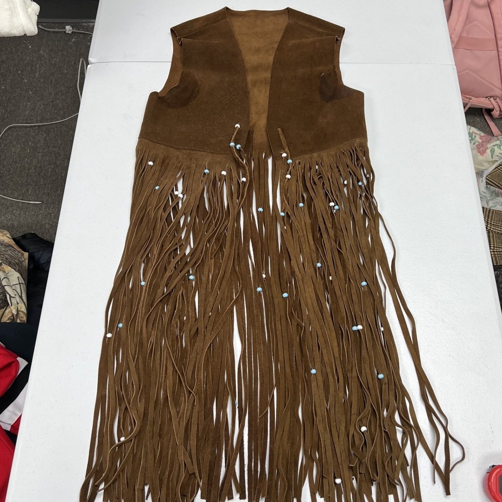 Duette Fringe Vest Womens Small Brown Suede Beaded Long Western Boho Spain